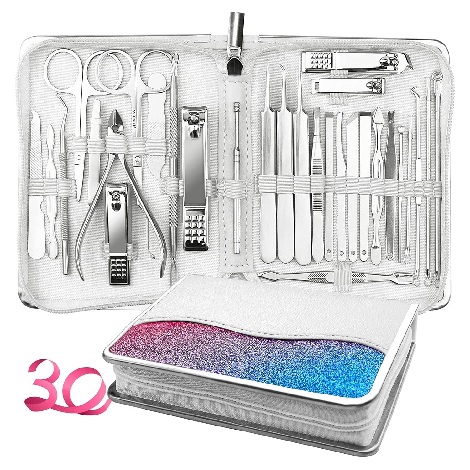 Manicure Set, 30 in 1 Nail Clipper Set, white Pedicure Kit for Pedicure Manicure Cutter, Stainless Steel Nail Care Kit for Men And Women with Case