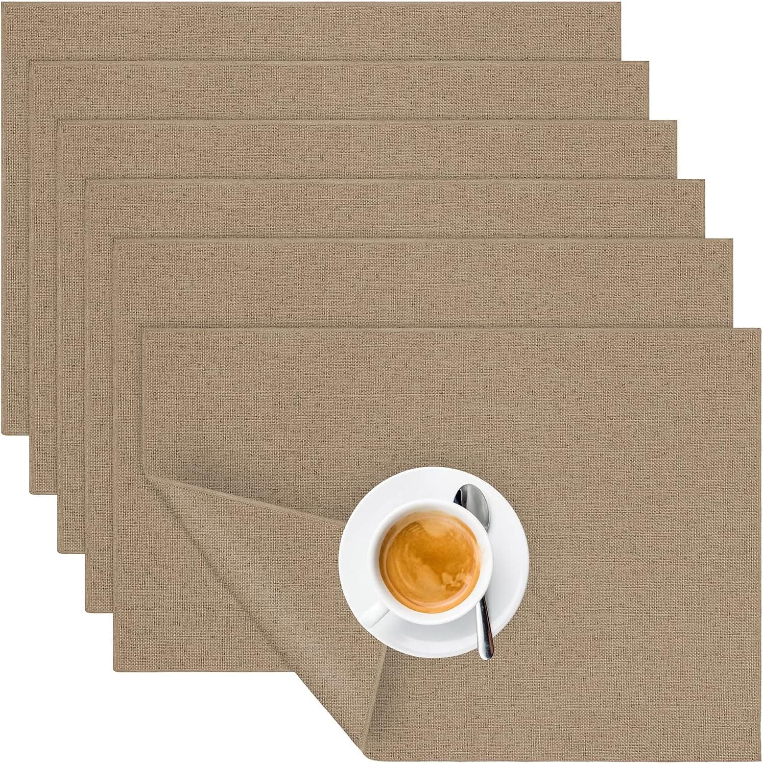 Ruisita 6 Pack Cotton Linen Placemats Double Layer Heat Resistant Placemats Table Placemats 18.5 x 13 Inches Kitchen Dining Table Placemats for Kitchen Table, Natural Linen