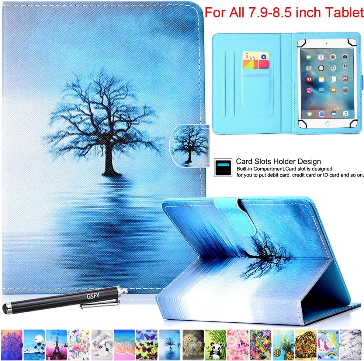 Universal Case for 7.9-8.5 Inch Tablet, Newshine PU Leather Stand Folio Case for iPad Mini 1/2/3/4, Galaxy Tab 3/4/Note 8.0, Amazon Kindle Fire HD/HDX 8.0 and Other 8.0" Models - Blue Tree