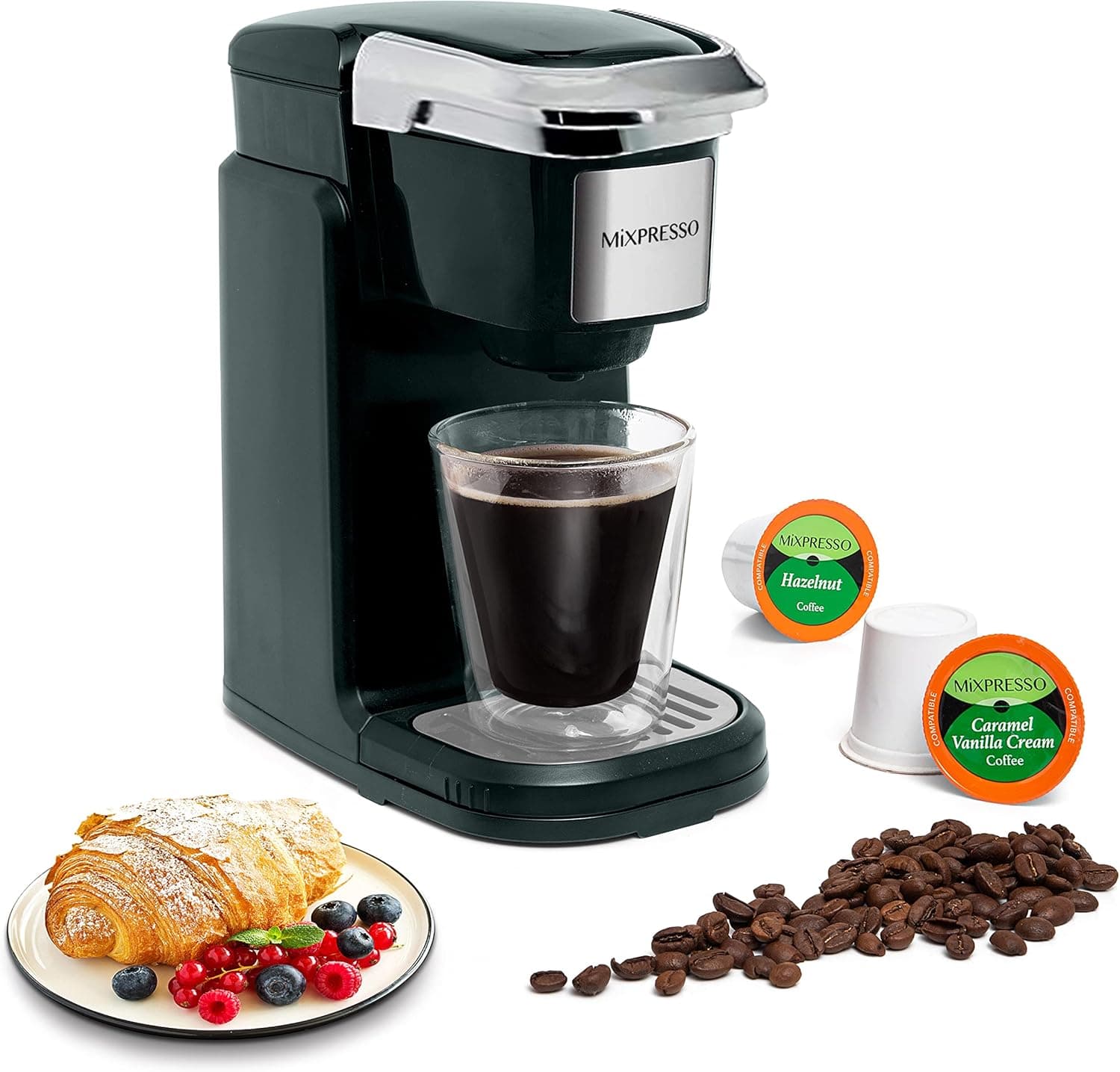 Mixpresso Single Cup Coffee Maker | Personal, Single Serve Coffee Brewer Machine, Compatible with Single-Cups | Quick Brew Technology, Programmable Features, One Touch Function (Black)