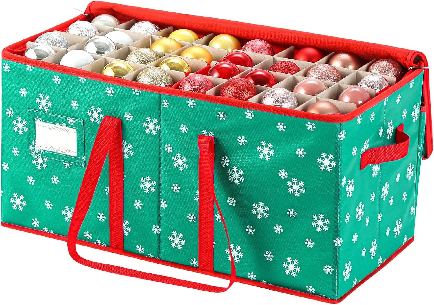 Christmas Ornament Storage Box with Zippered Closure [1-Pack] Christmas Balls Holiday Ornaments Holiday Ornament Storage Cube Organizer Christmas Chest with Dividers, Xmas Holiday Decoration Storage Containers with Lid (Green)