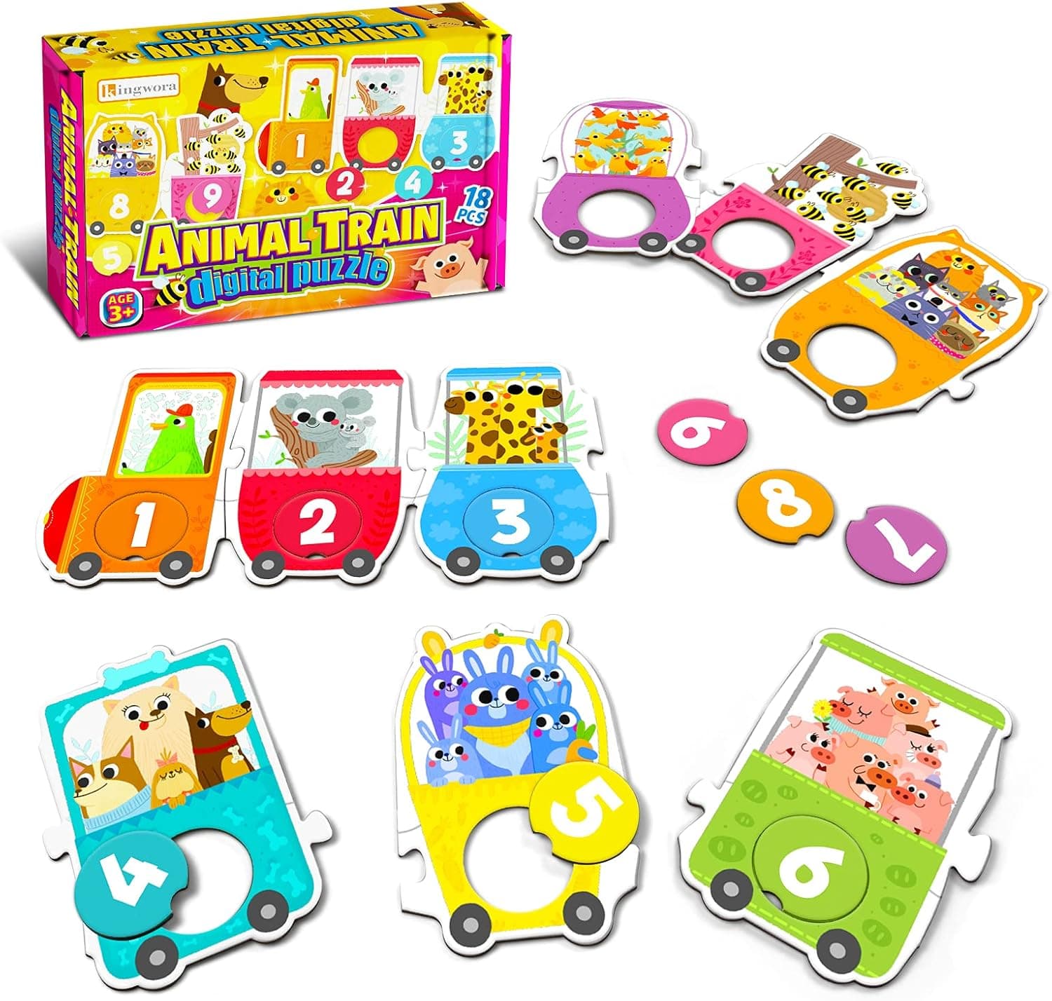 Kingwora Floor Puzzles for Kids Ages 3-5, Animal Train Jigsaw Puzzle Sorting and Matching Blocks, Interesting Number Floor Puzzle, Digital Animal Number Puzzle, Kawaii Design, Gift for Kids(18 Pcs)