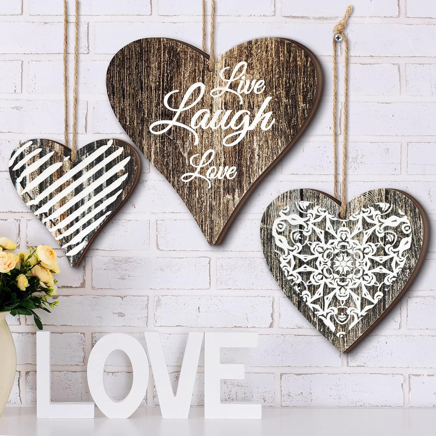 3 Pcs Wooden Heart Wall Decor Rustic Bedroom Wall Decor Wood Wall Panels Love Heart Wall Decor Medallion Carved Wood Wall Art Country Farmhouse Wall Decor for Living Room Hanging Sign Valentine's Day