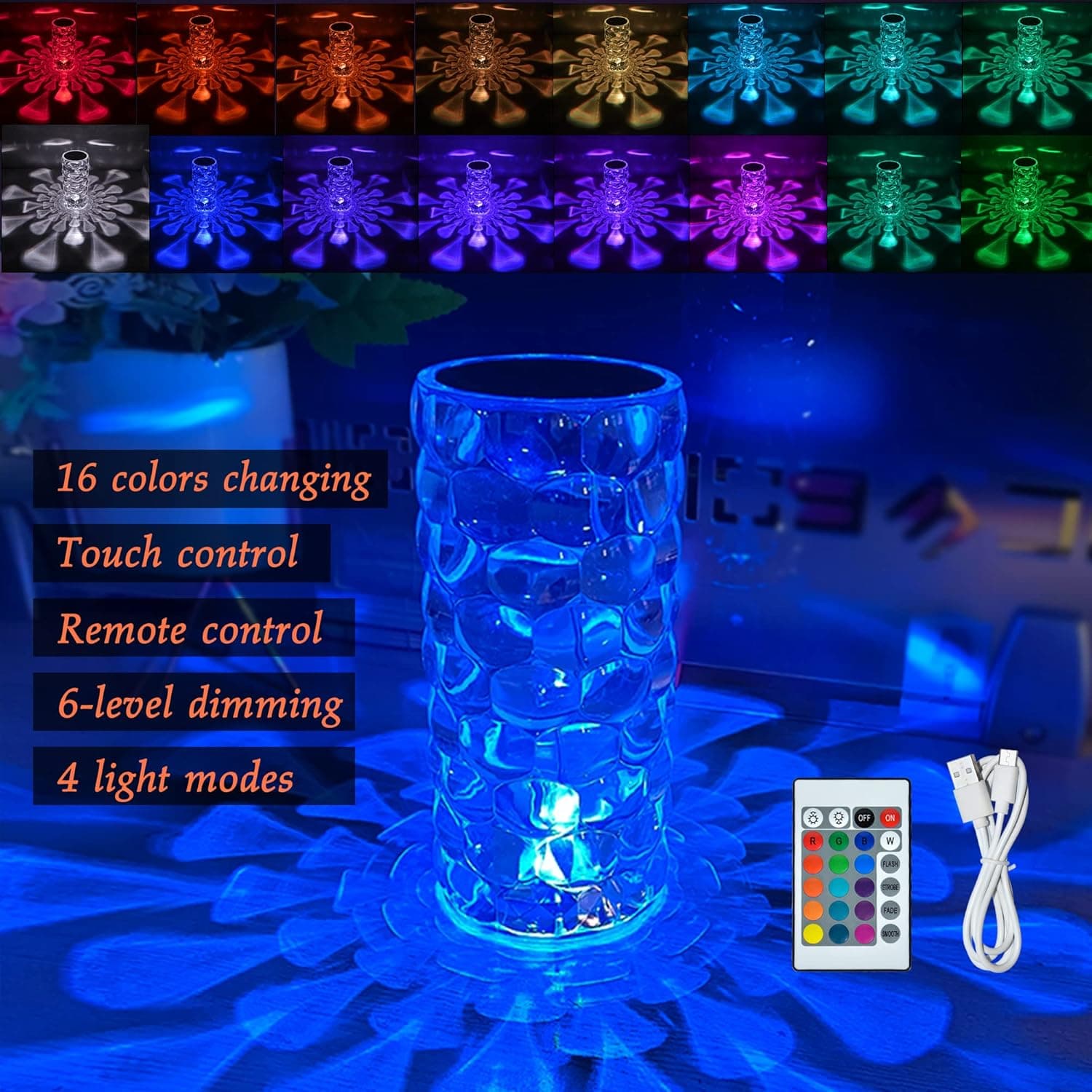 Crystal Lamp 16 Color Changing RGB Touch Lamp Romantic Small Table Lamp LED Night Light /Bedside Lamp with USB Port,for Bedroom Living Room Party Dinner Decor Creative Lights(Remote & Touch)