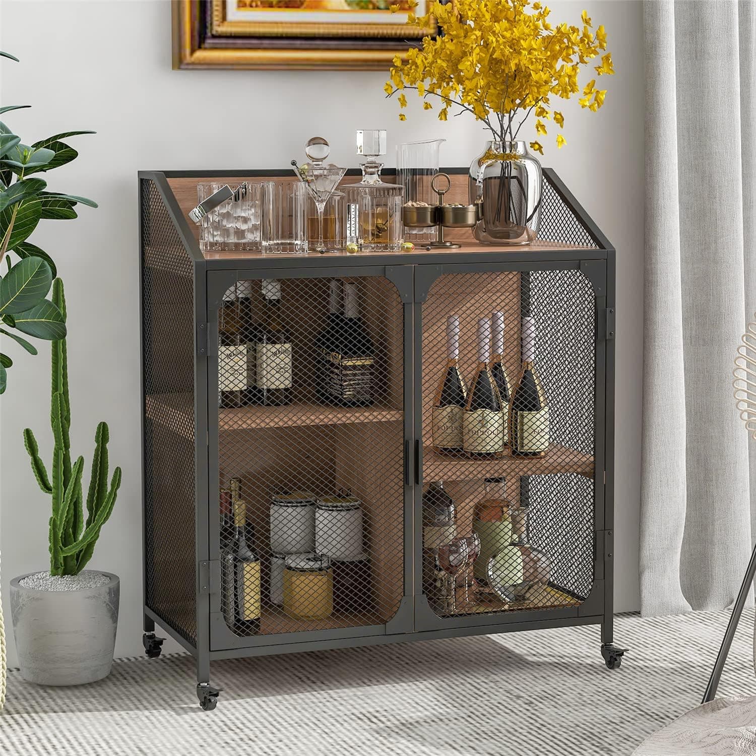 Industrial Accent Sideboard Wood Liquor Cabinet with Metal Mesh Door Rolling Bar Storage Buffet Coffee Table for Home, Kitchen, Dining Room(Brown)