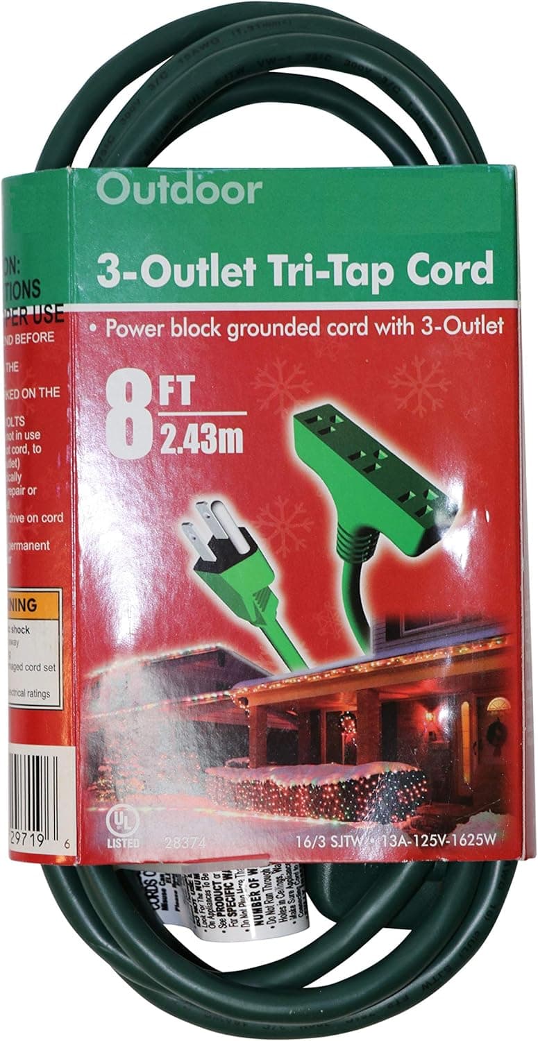 8 Ft Outdoor Extension Cord with 3 Electrical Power Outlets - UL Listed