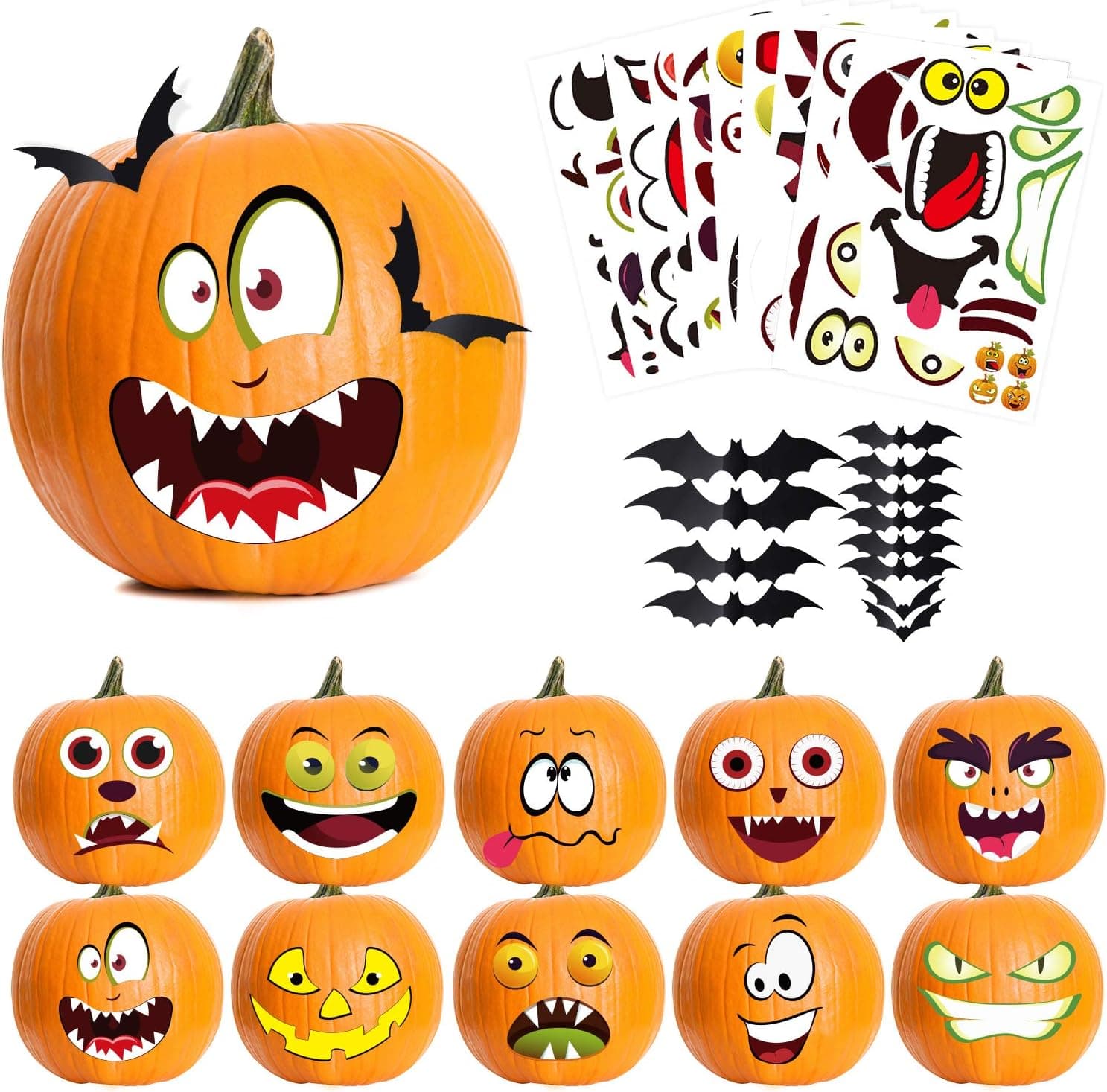 Halloween Pumpkin Decorations Stickers Kids Party Favors, 40 Style Pumpkin Decorating Stickers + 12 Pack 3D Bats Wall Decals, Pumpkin Face Jack-O-Lantern Craft Kit Stickers Halloween Trick or Treat
