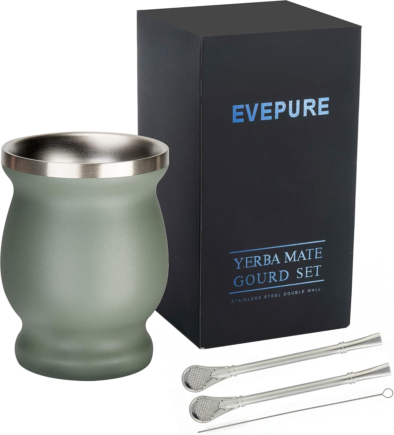 Evepure Yerba Mate Gourd - Mate Gourd with Stainless Steel Mate Bombilla Drinking Straw with Silicone Tips - Avocado Green