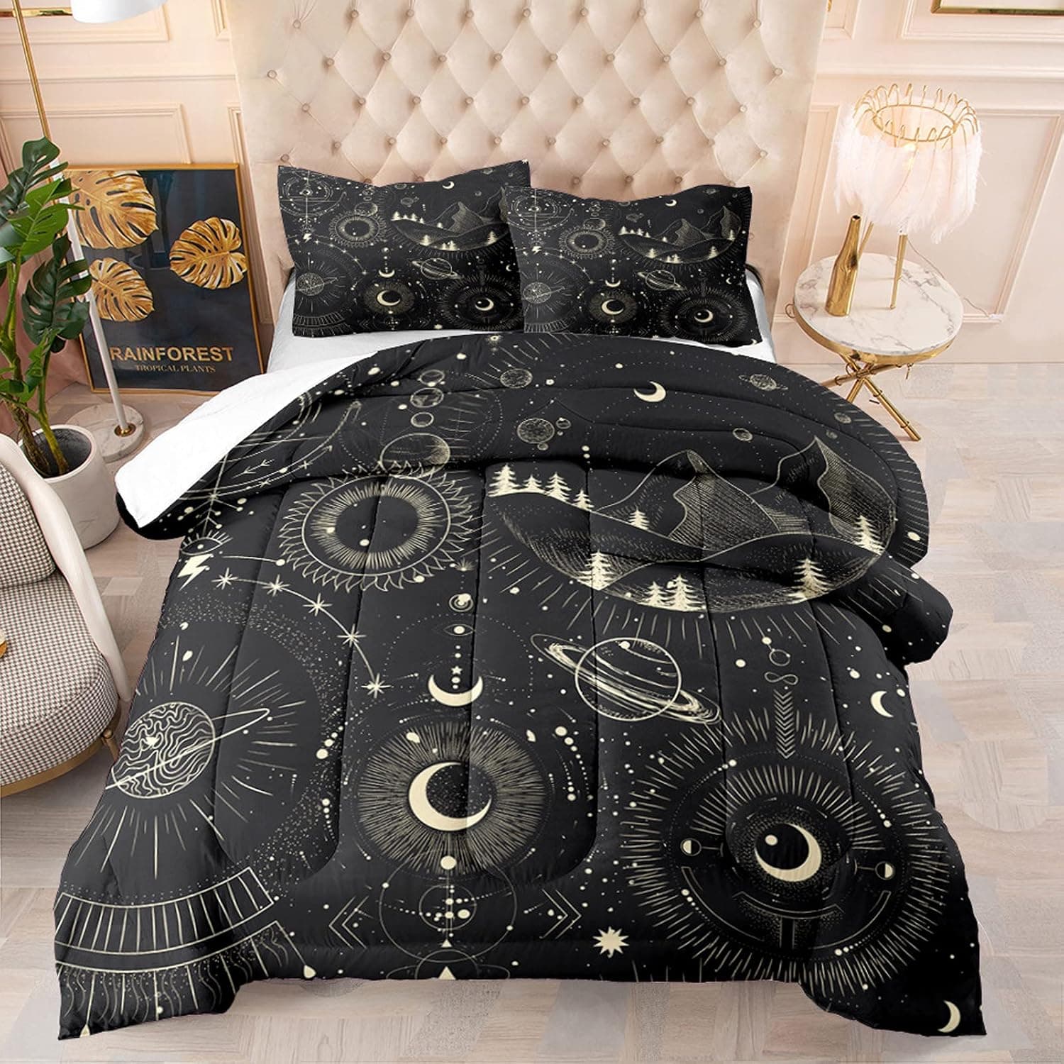 DTATY Sun and Moon Comforter Sets Queen Size Astrology Outer Space Black Lightweight Bedding Set, 1 Comforter + 2 Pillow Shams