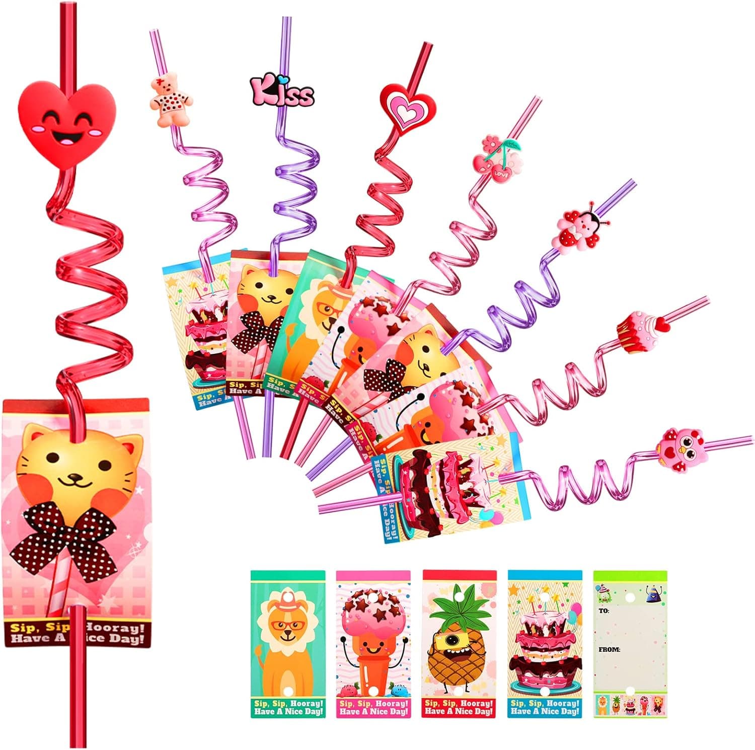 Valentines Day Party Favors Bulk 24 Drinking Straws + 30 Cards for Kids Valentine's Classroom Exchange Prizes Party Supplies with 2 PCS Cleaning Brushes