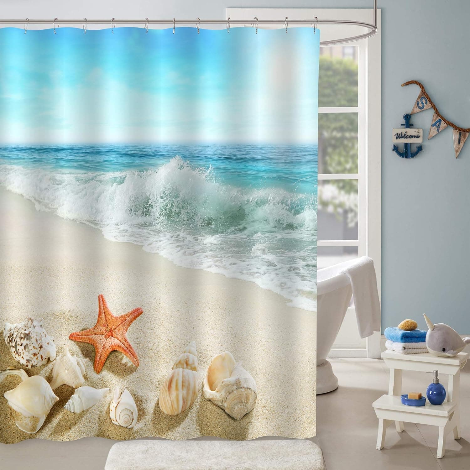 MitoVilla Ocean Wave Coastal Beach Shower Curtain, Starfish, Seashell and Conch Marine Life on Seashore Sand Tropical Seascape Bathroom Decor, Waterproof Washable Fabric Bathroom Accessories, 72 x 72
