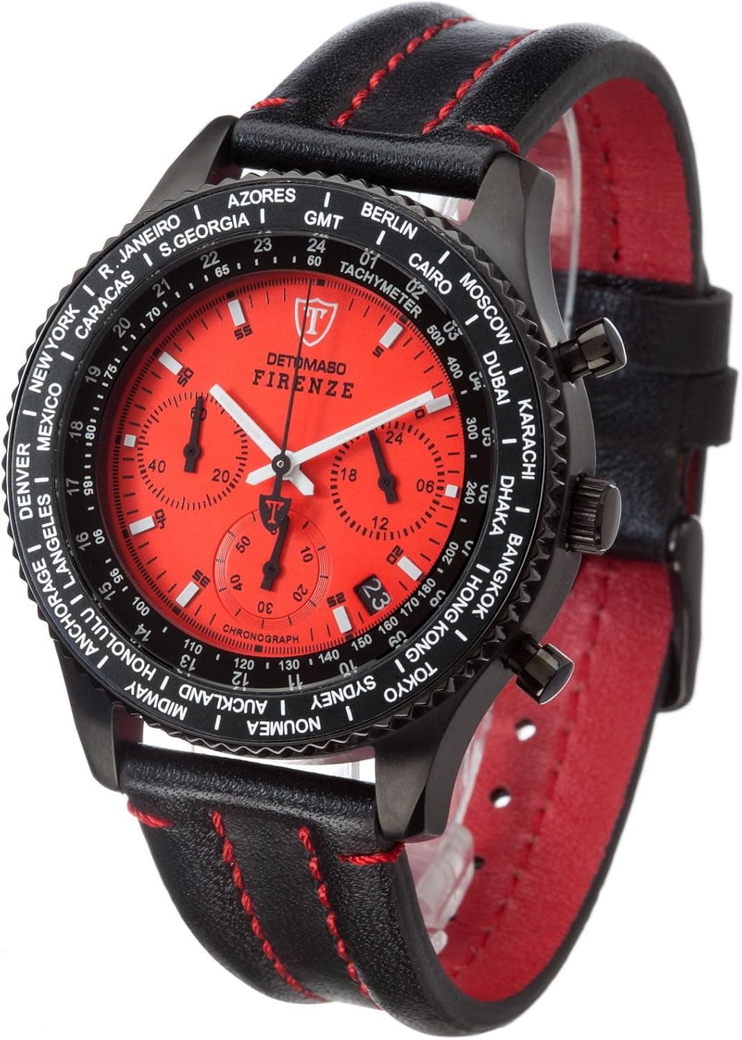 DETOMASO Men's Stainless Steel Quartz Watch with Leather Calfskin Strap, Black, 20 (Model: SL1624C-RD)