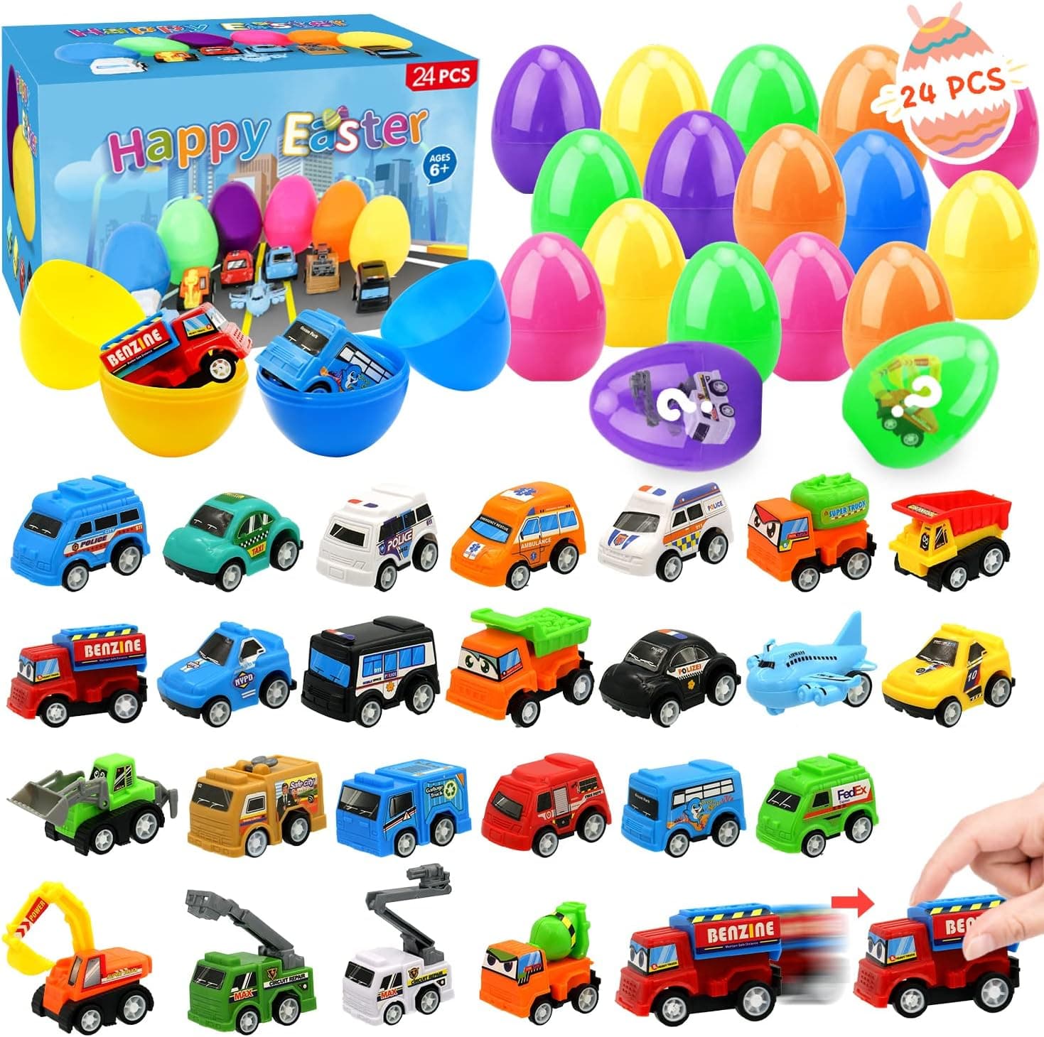 Easter Eggs with Toys Inside, 24 Prefilled Plastic Easter Eggs with 24 Pull-Back Cars for Toddler, Easter Basket Stuffers for Boys, Kids Easter Party Favors, Easter Egg Fillers, Goodie Bag Stuffers
