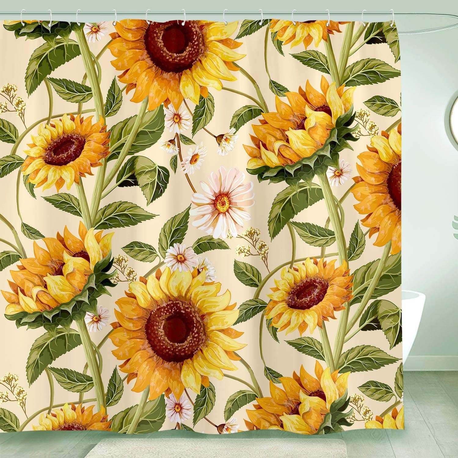Fowocu Sunflower Shower Curtain Set, Blooming Fabric Yellow Flora Bath Curtains Modern Bathroom Accessories Decor (Yellow, 72''×72'')