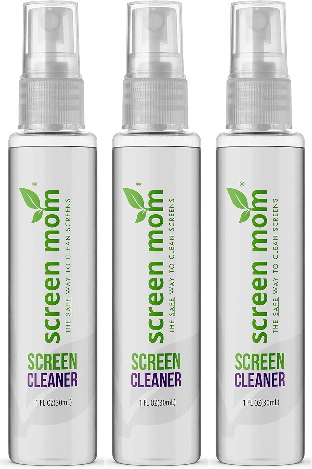 Screen Mom 1oz Screen Cleaner Spray 3 Pack - for Laptop, Computer Monitor, Phone Cleaner, iPad, Eyeglass, LED, LCD, TV - Includes 3 1oz Spray and 3 Purple Cleaning Cloths