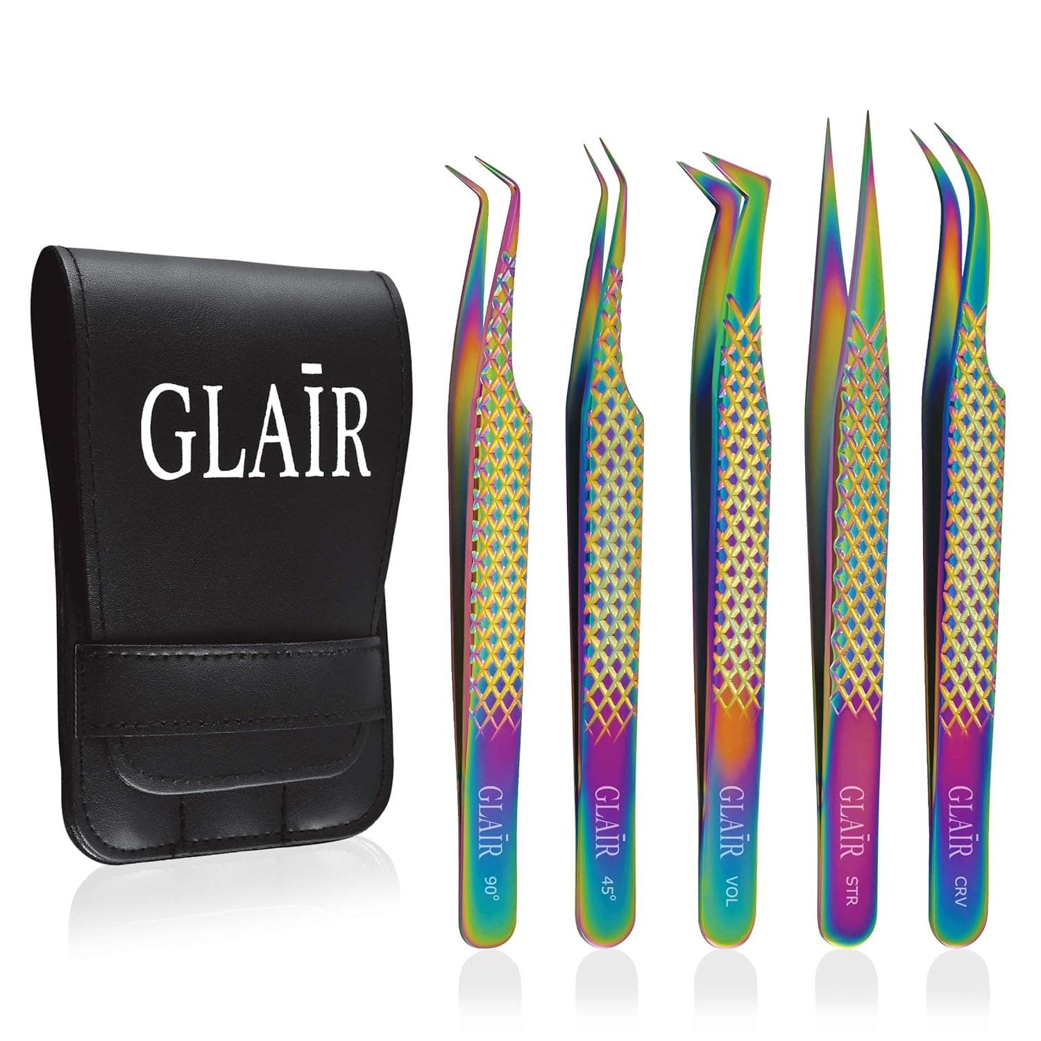 Set of 5 GLAIR Premium Lash Eyelash Extension Tweezers, Japanese Stainless Lash Tech Tools Straight Curved, Volume Tweezers Precision Rainbow 90 45 Degree Angled Tweezers