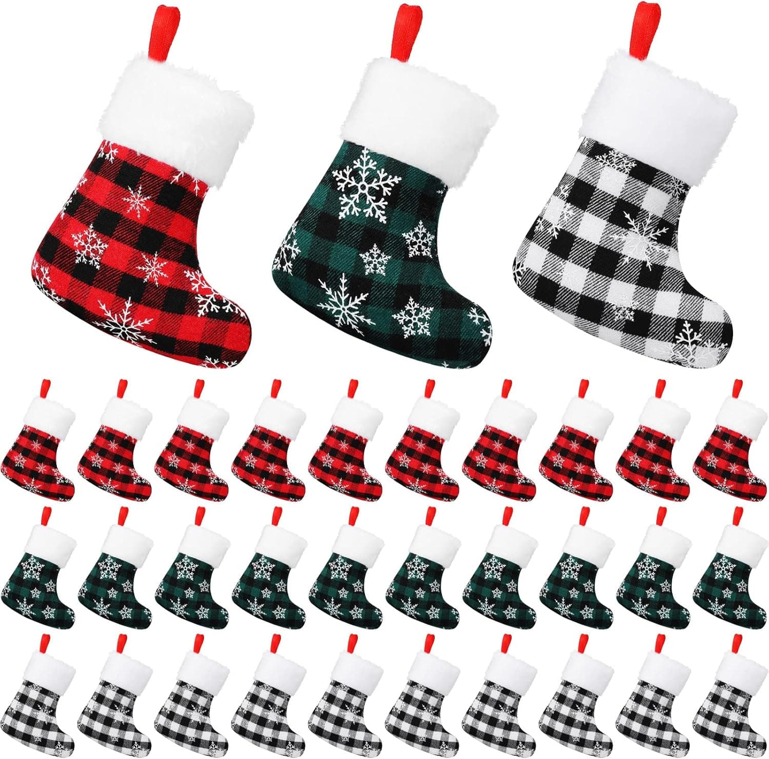 BBTO 30 Pcs Mini Christmas Stockings Small Felt Buffalo Plaid Stocking Ornaments Snowflake Tiny Tree Candy Gift Holder with Plush Cuff for Xmas Party, Black White Red Green
