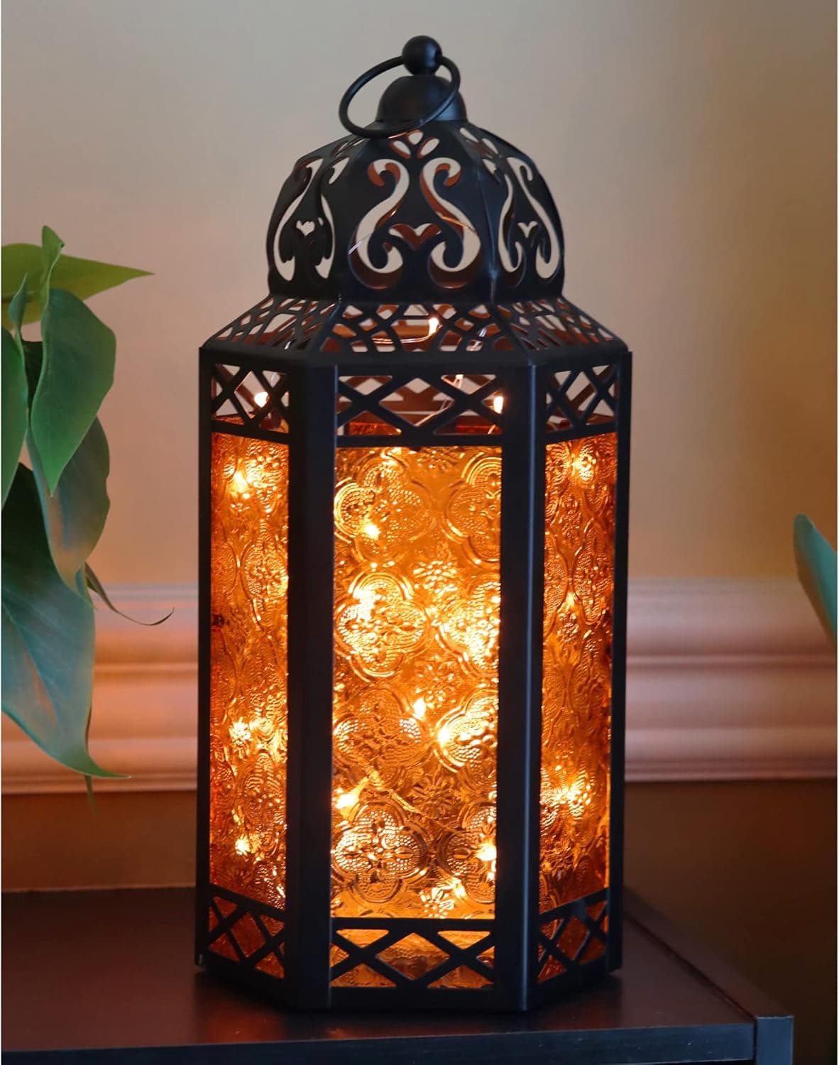 Vela Lanterns Metal Moroccan Decorative LED Fairy Lights Candle Lantern Holders for Home Decor, Amber Glass, Large