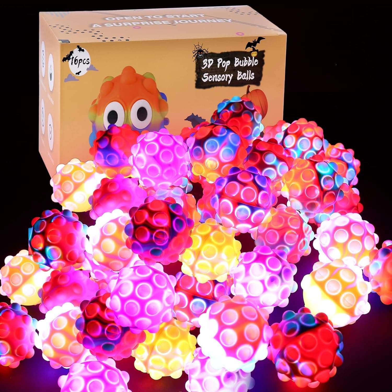 16 Packs Halloween Pop Glow Balls It Bulk, Kids Light Party Favors Fidget Stress Poppers Pops Keychain Poppet Set Dark Squishy Toy Box, Girl Boy Stocking Stuffers Birthday Supplies Pinata Filler Gift