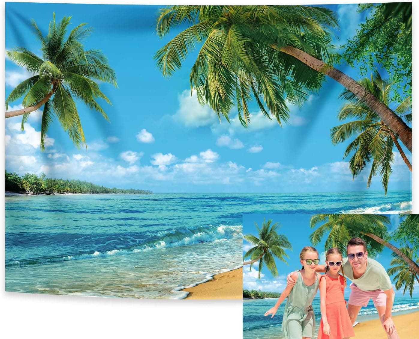 RUINI Polyester Tropical Beach Backdrop Summer Palm Trees Photography Backdrop Blue Sea Sky Sunshine Luau Themed Party Decoration… 8x6FT