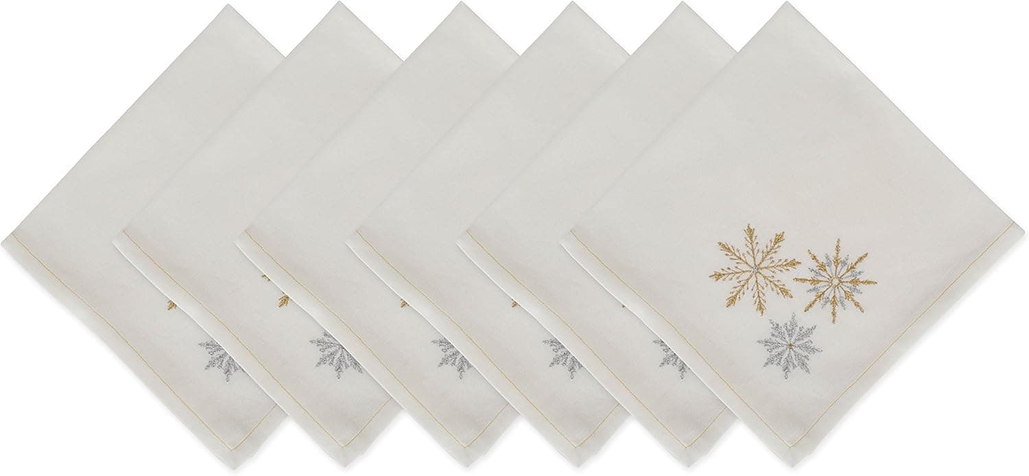 DII Holiday Dining Table Linen Sparkle Metallic Kitchen Décor, Napkin Set, 20x20, Gold & Silver Snowflakes, 6 Piece