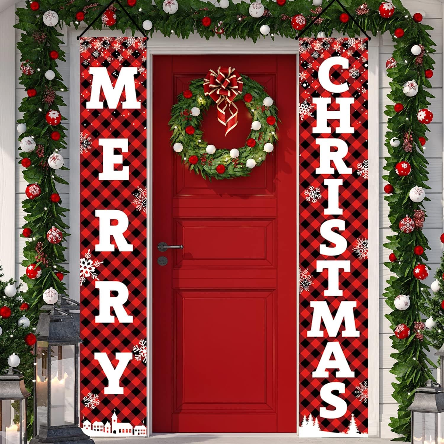 Christmas Porch Banner Decorations - Merry Christmas Buffalo Plaid Front Porch Door Banner Sign - Xmas Hanging Banner Decor for Outdoor Home Yard Indoor Outside Wall Holiday Party
