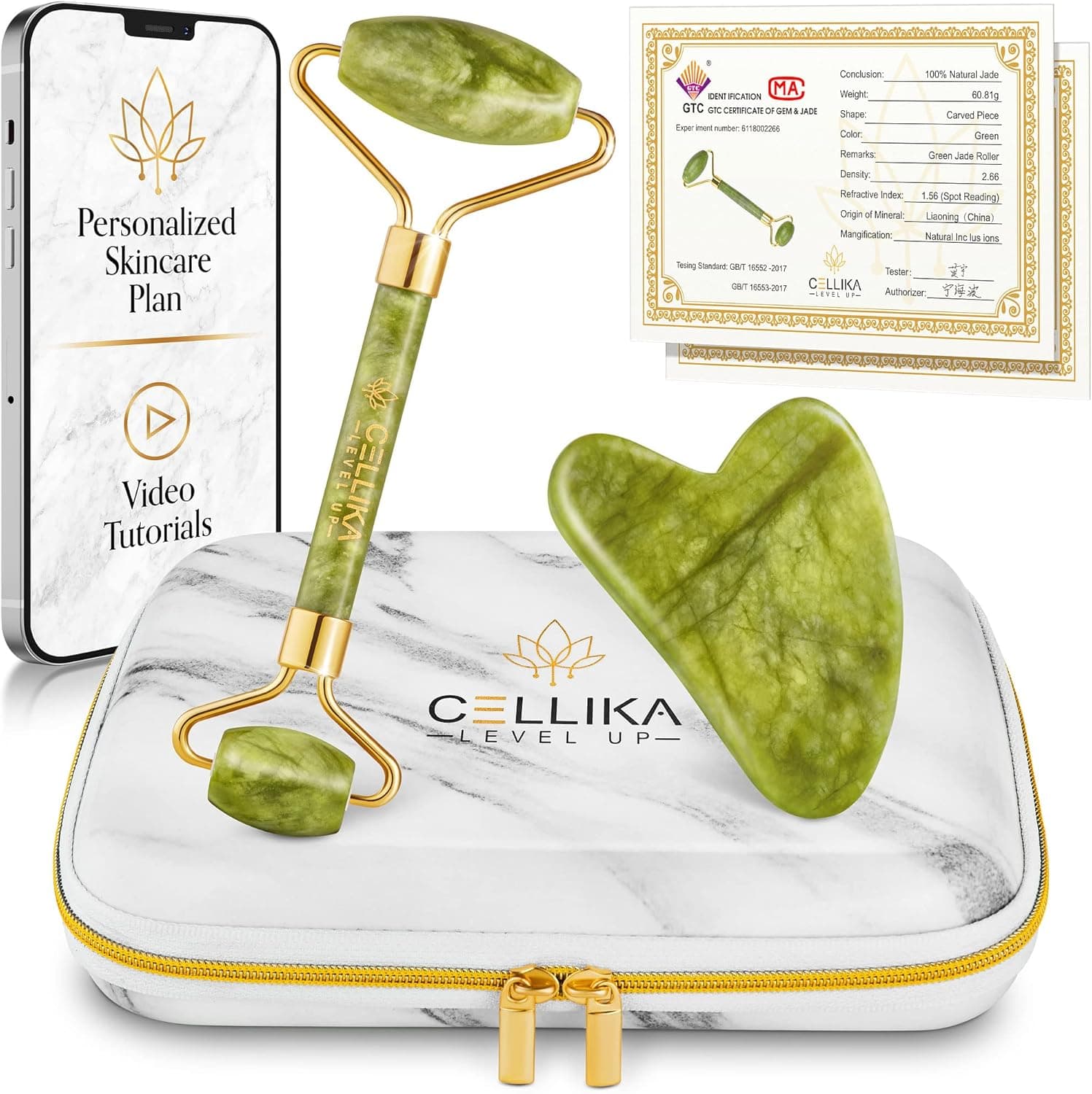 CELLIKA Xiuyan Jade Roller and Gua Sha Set with Shockproof Travel Case - Face Roller Skin Care Tool Real Jade Roller for Face, Eyes, Neck & Body - Facial Roller Tutorial & Skincare Plan Included