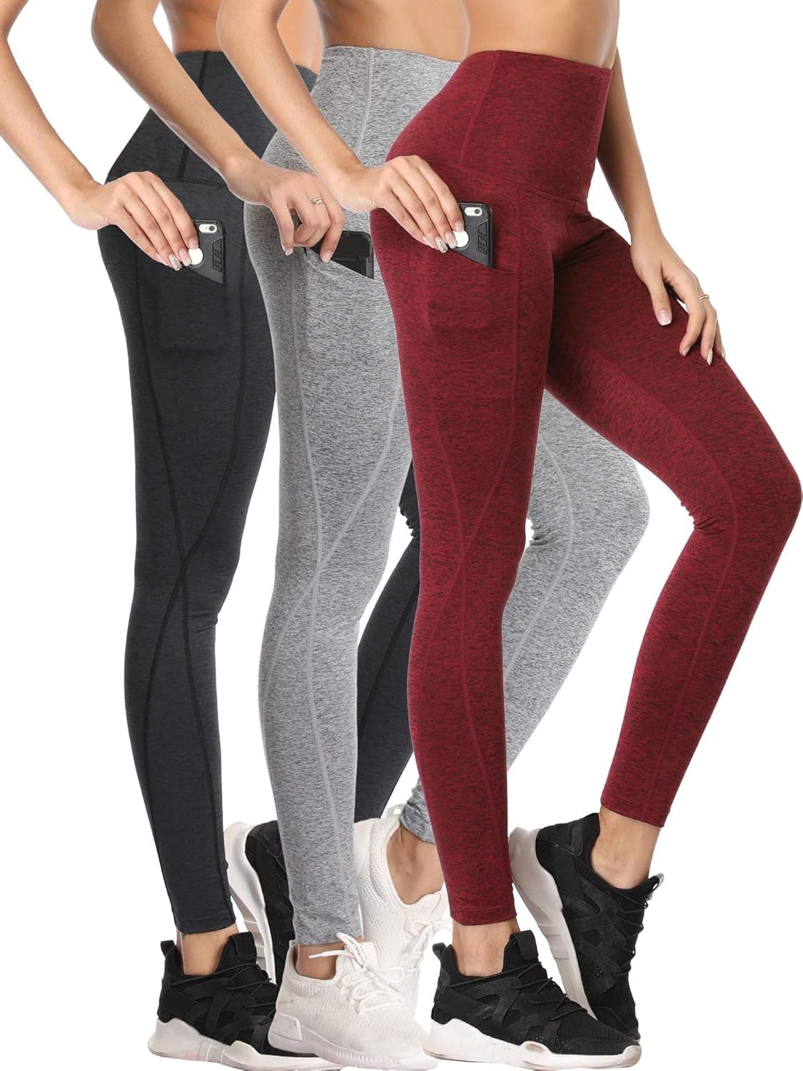 Neleus Women's 3 Pack Yoga Pants Tummy Control High Waist Workout Leggings,Dark Grey/Grey/Burgundy Red,S