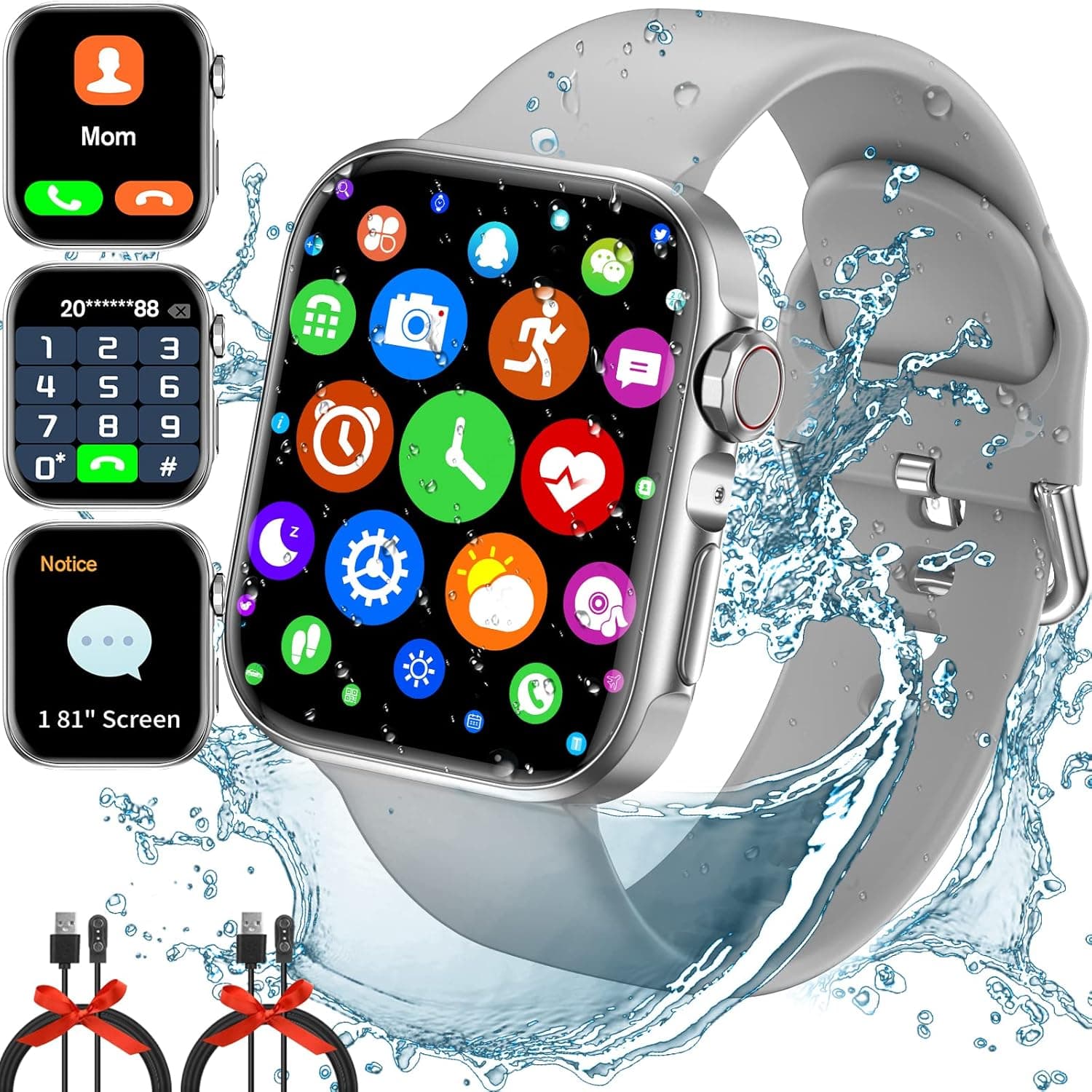 1.81" Smart Watches, Touch Screen Bluetooth, IP67 Waterproof Fitness Watch with Dial/Receive/Heart Rate, Smartwatch for Android iOS Phones, Fitness Tracker,Sports Tracker Watch for Men Women Gray