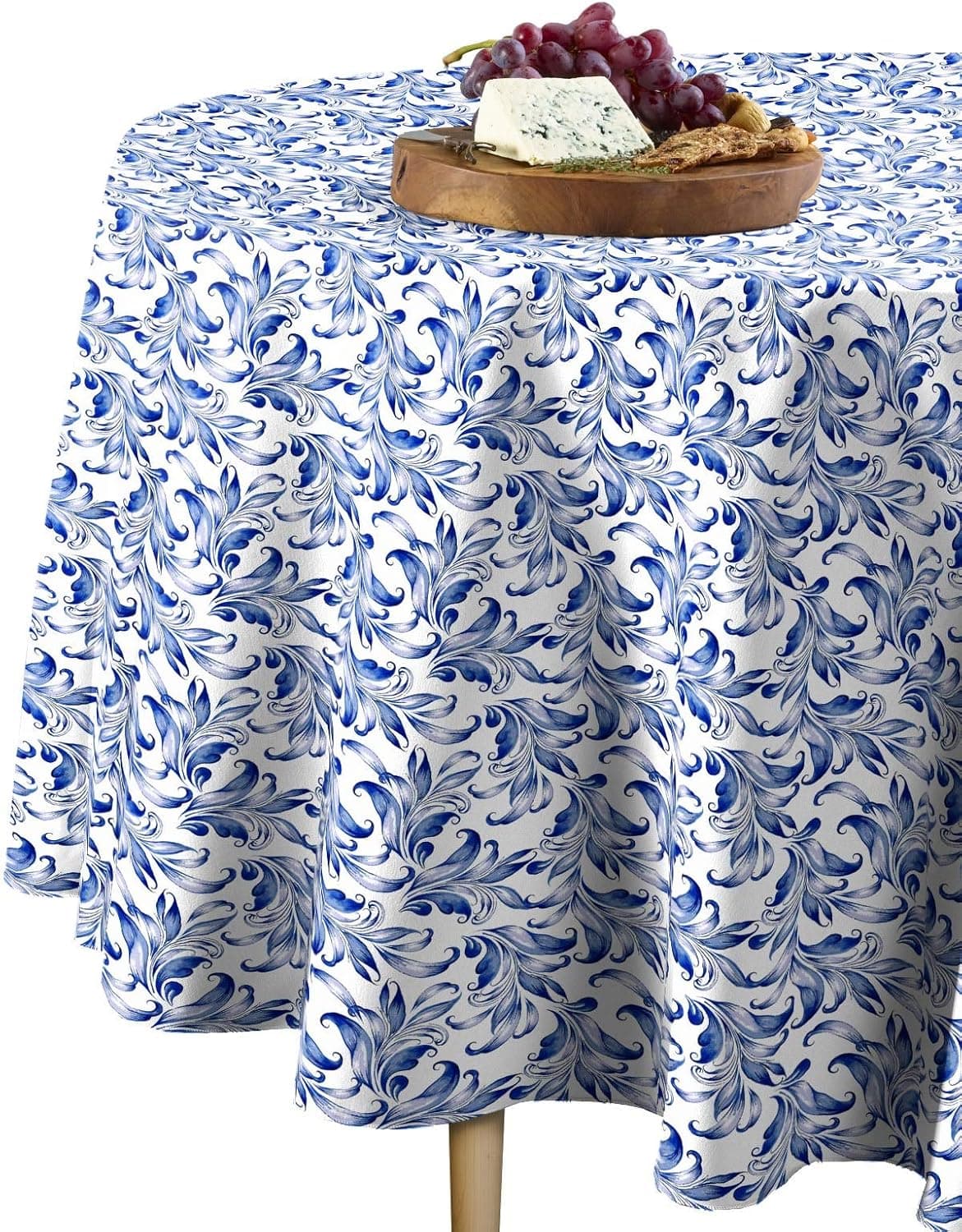 Fabric Textile Products | Blue Traditonal Leaves Tablecloth | Classic Floral Round Tablecloth | 114" Round | Machine Washable and Stain-Resistant for Easy Care | Made in The USA