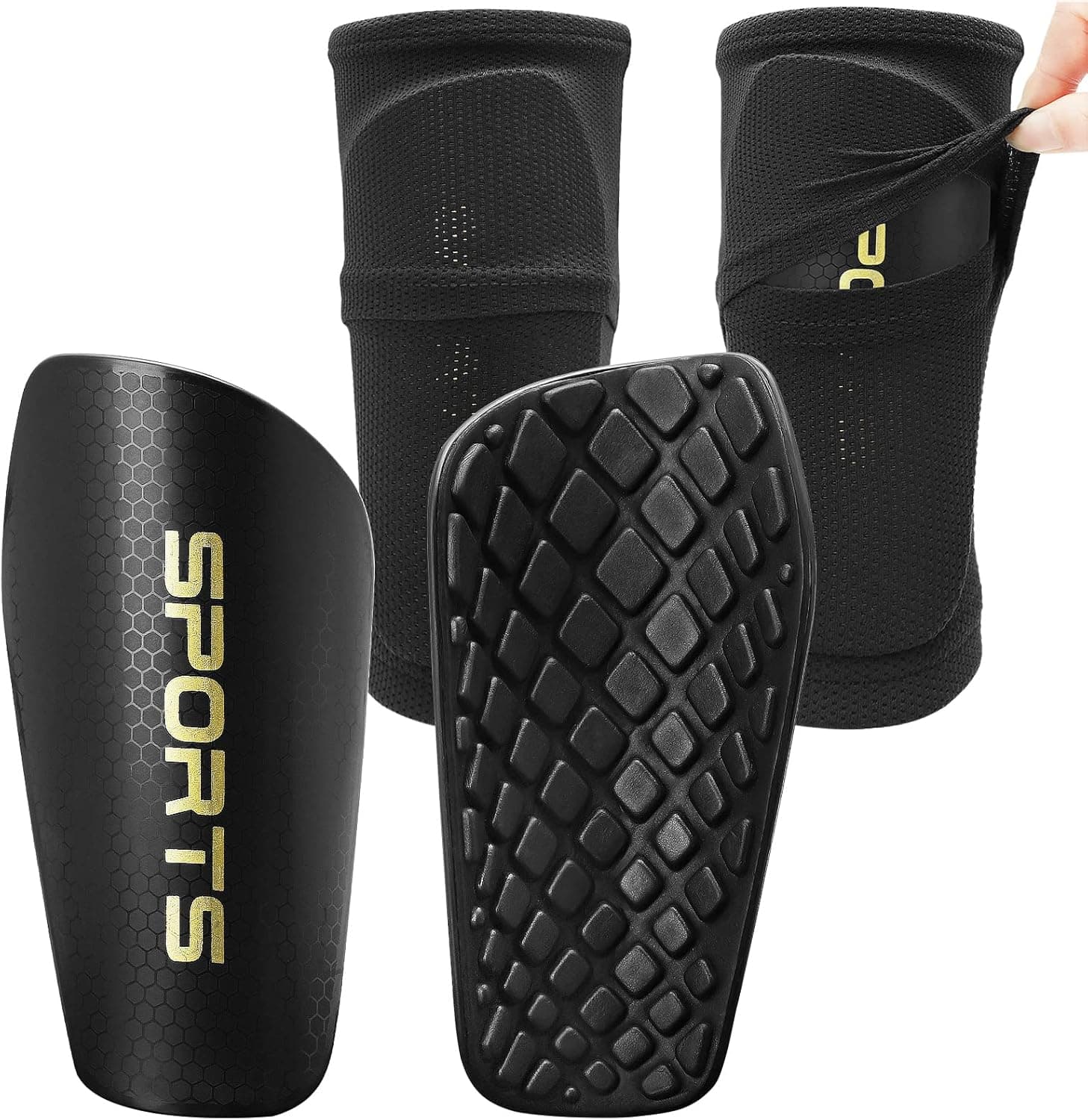 Shin Guards Soccer Youth, Shin Guards Kids with Upgraded Non-Slip Pockets Sleeves, Breathable Child Calf Cushioning Protective Gear for 3-15 Years Old Boys Girls Kids Teenagers