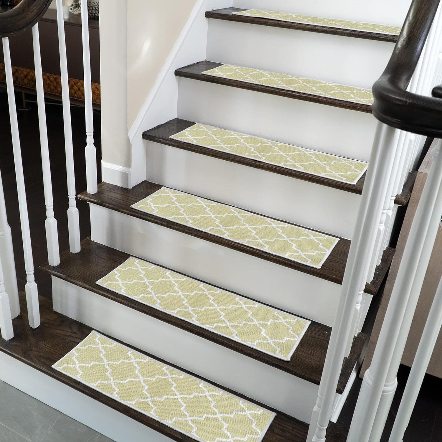 SussexHome Lattice Design 9" X 28" Stair Treads - 70% Cotton Anti-Slip Carpet Strips for Indoor Stairs-Easy to Install Runner Rugs with Double Adhesive Tape-Safe, Extra-Grip, 13-Pack-Beige