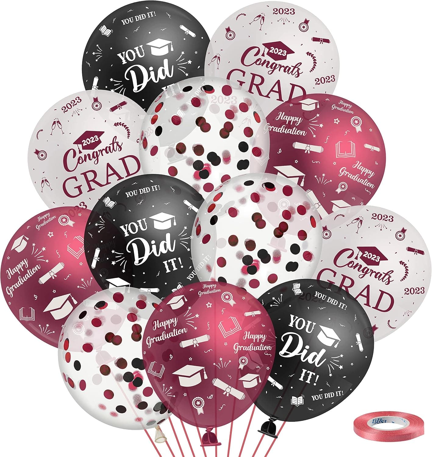 Haooryx 50Pcs Graduation Party Balloons Kit, Class of 2023 Graduate Decoration Congrats Grad Confetti Latex Balloon Decor Supplies for School Prom Graduate Celebration (Cherry Red, Black and White)
