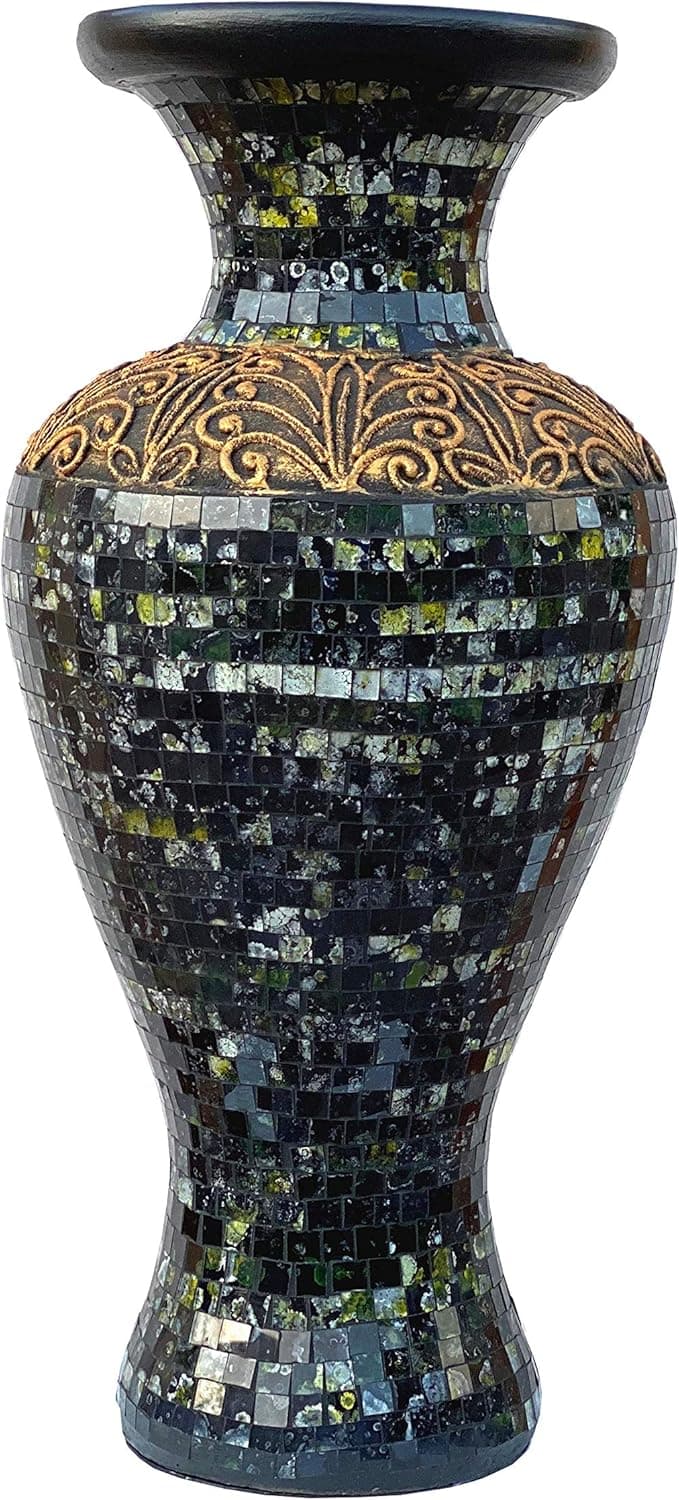 Zorigs Floor Vase – Tall Cylinder Made of Terracotta with Green, Gold, and Black Glass Mosaic Pieces – Exquisite Home Décor Accent Piece