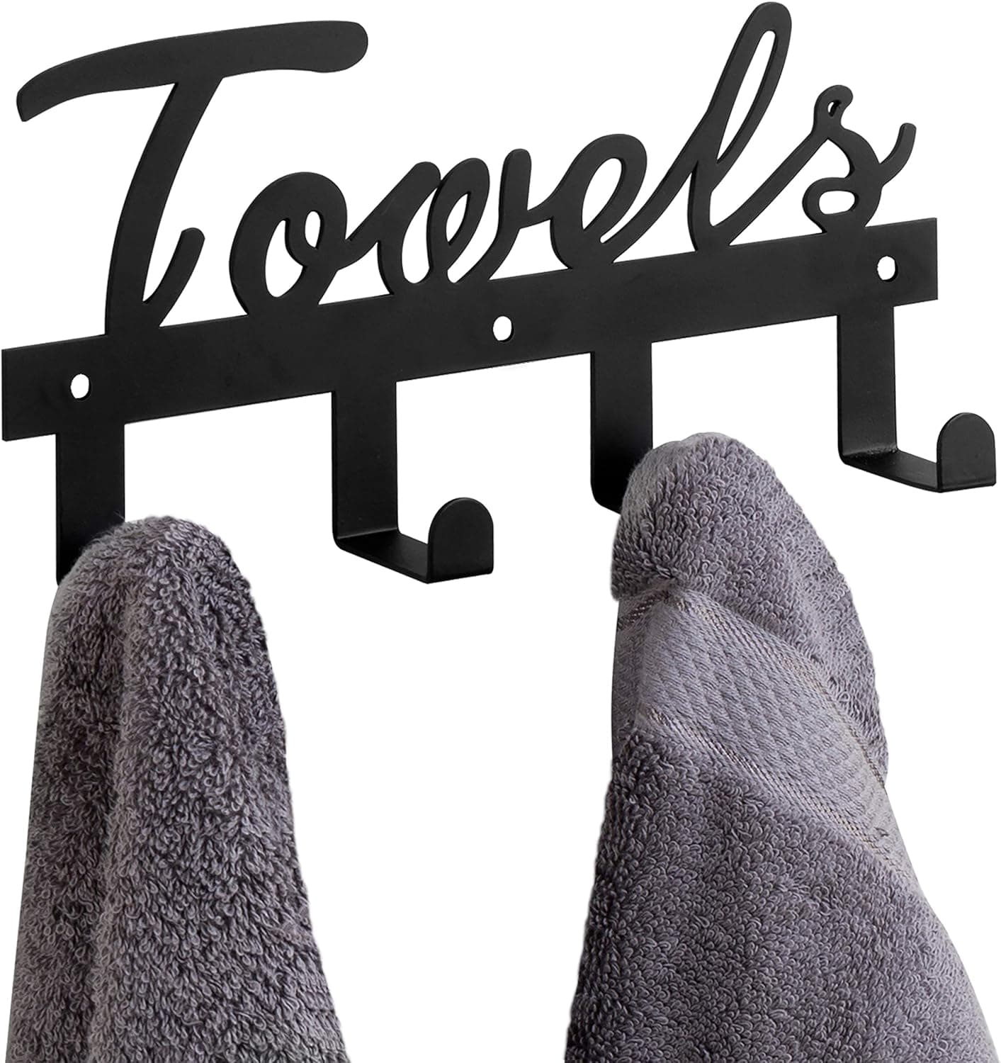MyGift Wall Mounted Black Metal Hand and Bath Towel Rack Holder with 4 Hooks and Towels Cut Out Design
