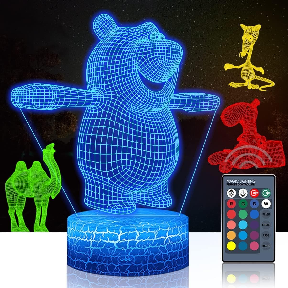 DDD Lamp Animal Toys, Animal 3D Night Light for Kids (4 Patterns), 16-Color Remote Control Color Change, Gift GRAP, Xmas Birthday Gifts for Boy Girl Man Child 3813