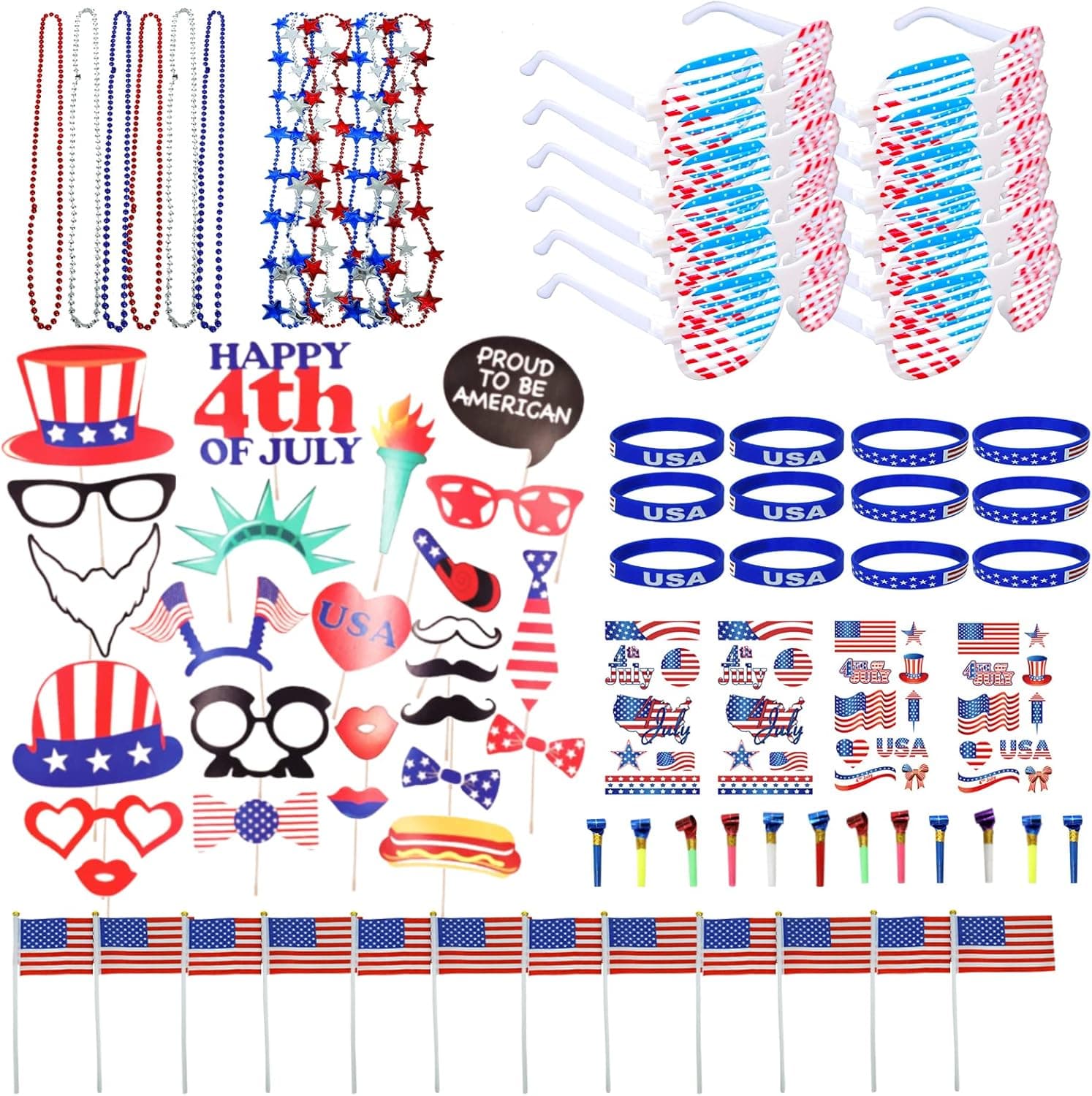 119 PCS 4th of July Accessories Patriotic Party Favors Supplies Red White and Blue Decorations with Photo Booth Props Tattoos Beaded Necklaces Shutter Glasses Bracelets Blowers American Flags