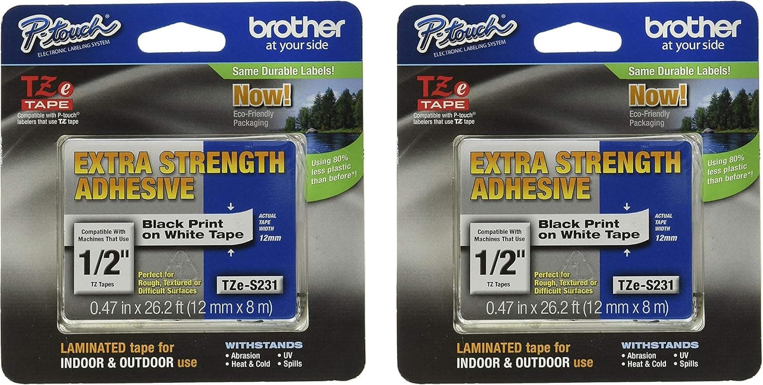 Brother Genuine P-Touch 2-Pack TZe-S231 Laminated Tape, Black Print on White Extra Strength Adhesive Laminated Tape for P-Touch Label Makers, Each Roll is 0.47"/12mm (~ 1/2") Wide, 26.2 ft. (8M) Long