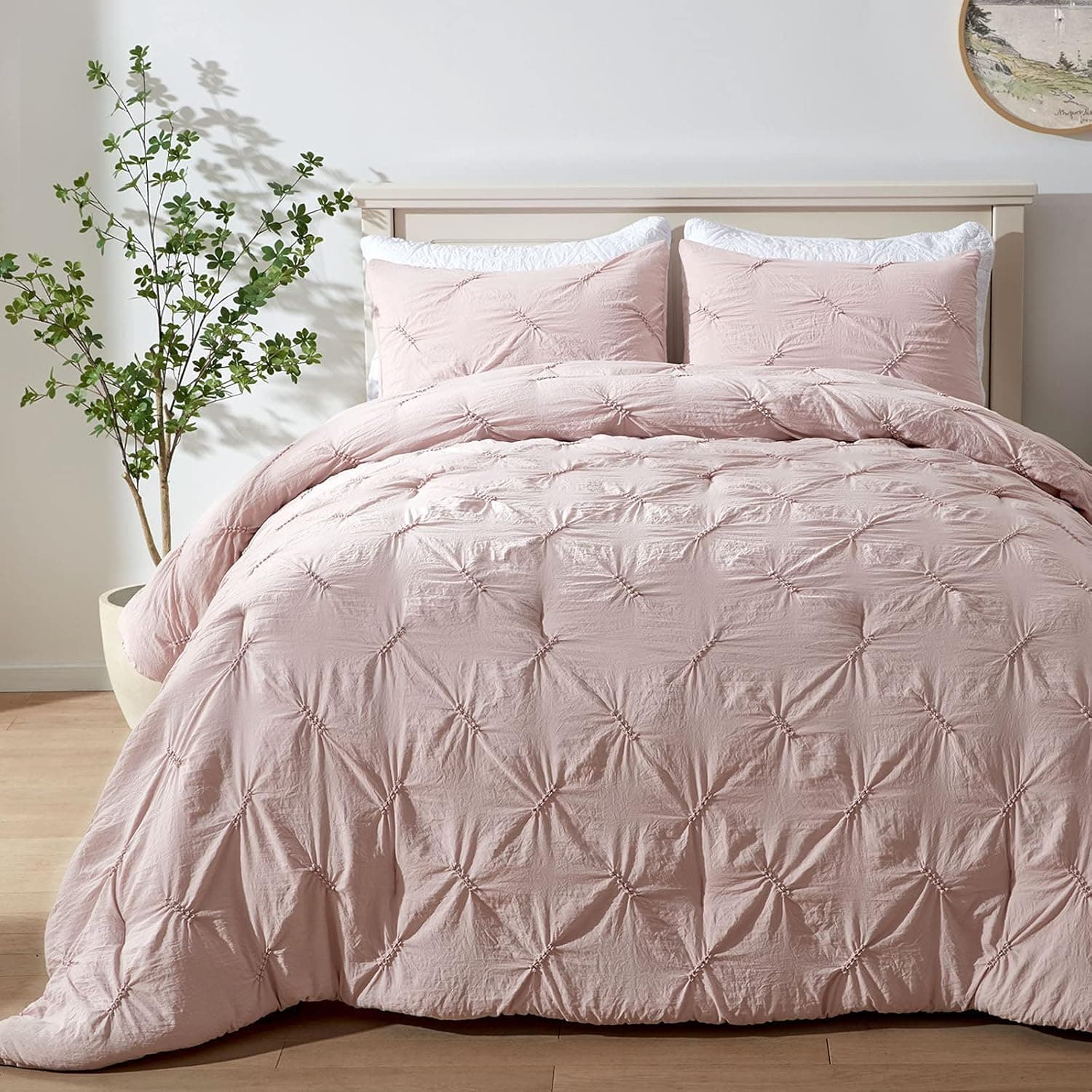 SEMECH Pinch Pleat Queen Comforter Set, Ultra-Soft Microfiber Bedding Comforters Sets, 3 Piece Pink Queen Size Comforter Set with 2 Shams (Rose Blush, Queen)