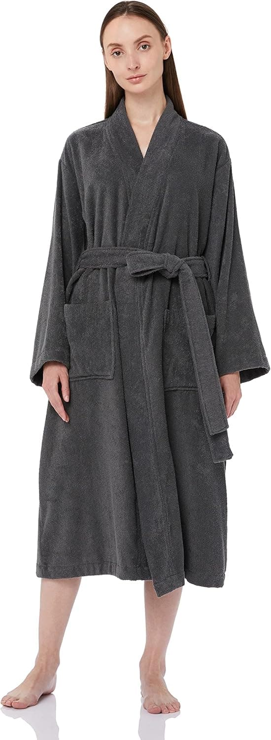 Amazon Basics Unisex 100% Cotton Terry Kimono Bathrobe - Dark Gray, XS/S
