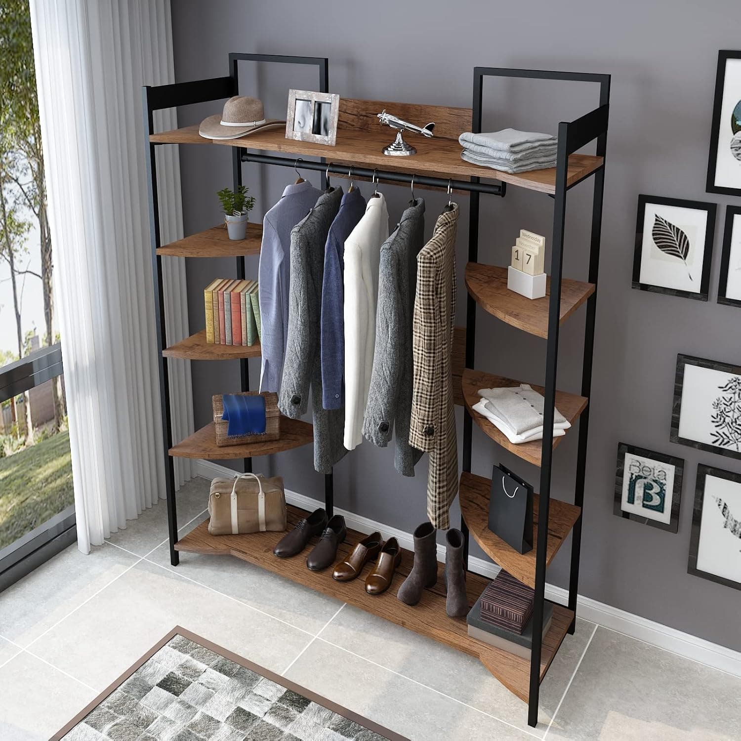 FRSTONE Entryway Hall Tree ,8-in-1 entray corner shelf coat rack, Freestanding Clothes Rack with a garment rod, Multifunctional Entryway Organizer