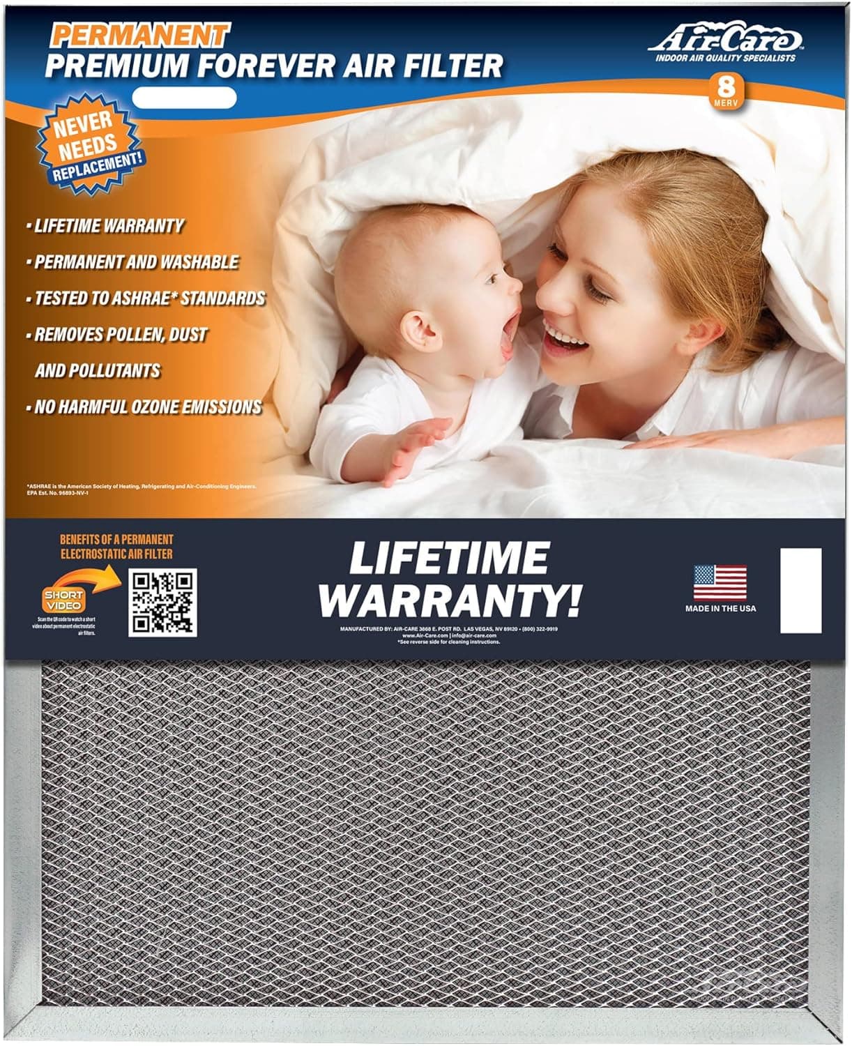 Air-Care 16x30x1 Silver Electrostatic Washable A/C Furnace Air Filter - Never Buy Another Filter!