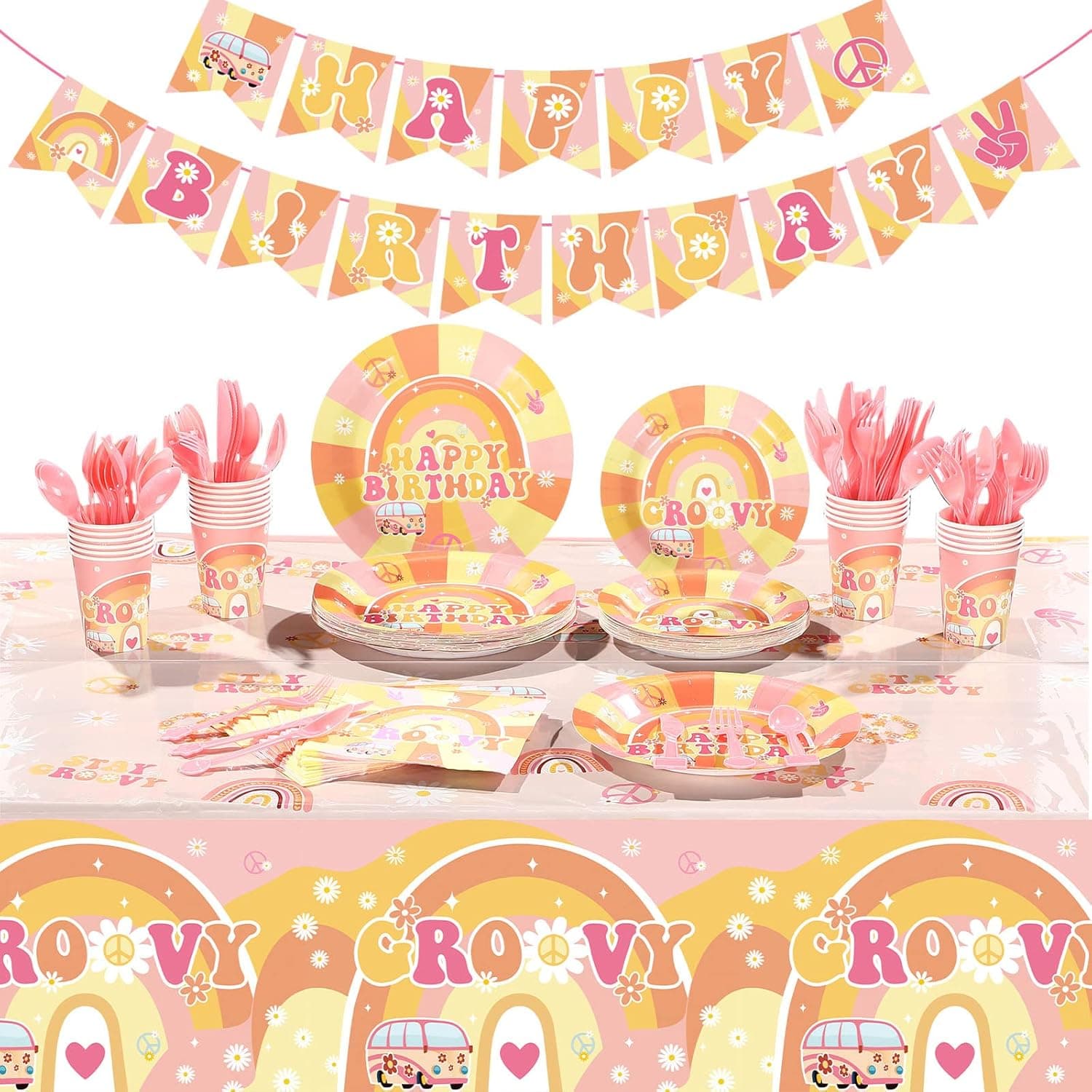 189 Pcs Two Groovy Birthday Party Tableware Set, Groovy Boho Hippie Daisy Tablecloth 24 Guests Dinner Plates Dessert Plates Cups and Napkins for Girl Retro Rainbow Boho Party Decorations Supplies