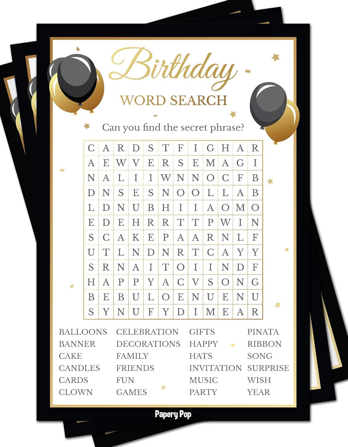 Birthday Party Word Search Game Cards (50 Pack) - Birthday Party Games Ideas Activities Supplies