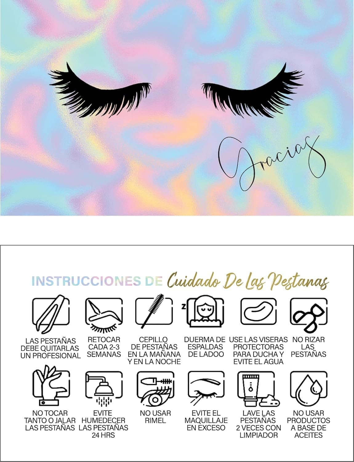 BRAWNA 50 PCK Spanish Lash Thank You Cards, 3.5x2", Cuidado De Pestanas Tarjetas Español - Eyelash Extensions Aftercare Instruction Cards, Thank You Cards, Lash Loyalty Cards, Lash Kit
