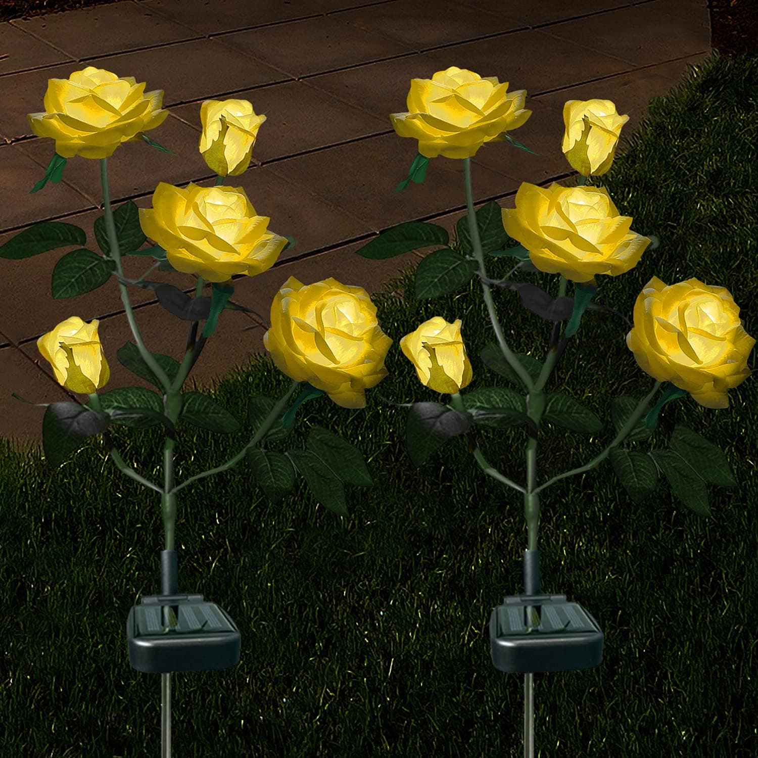 XLUX Outdoor Solar Powered Rose Lights, Decorative Flower lamp, for Garden Yard Patio Pathway Lighting, Rainproof,Yellow 2 Pack