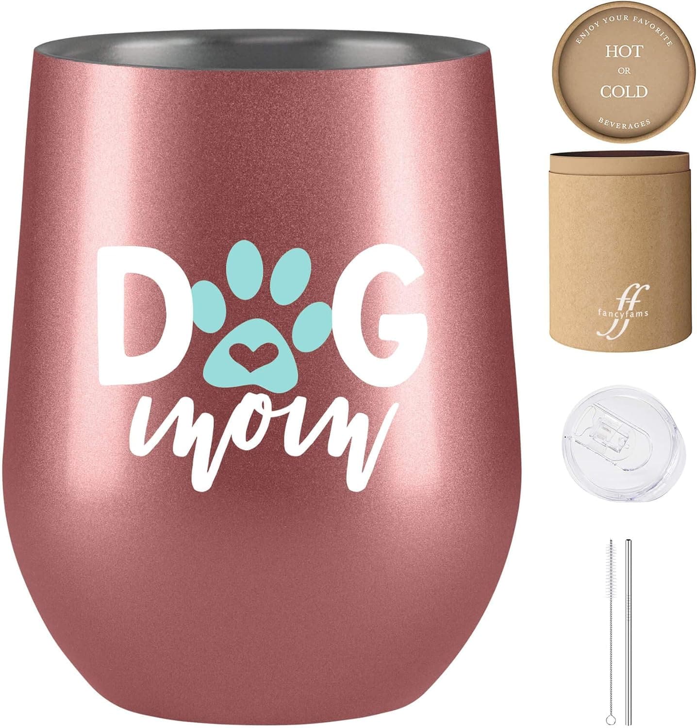 Fancyfams - Dog Mom -12 oz Stainless Steel Stemless Wine Tumbler (Dog Mom - Rose Gold)