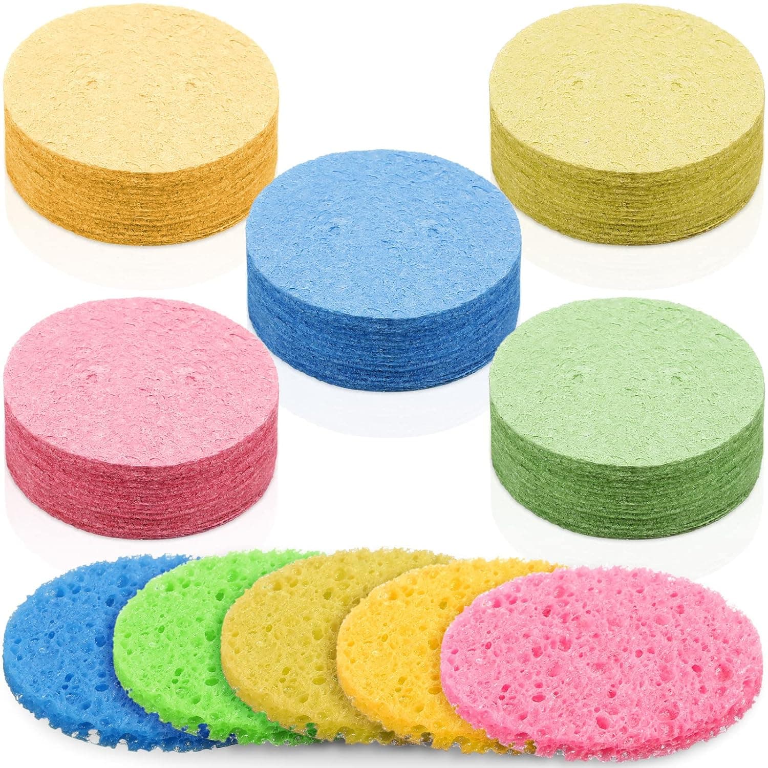 100 Pieces Compressed Facial Sponges Natural Cellulose Face Sponges Cleansing Sponge Reusable Cosmetic Sponge Face Cleansing Sponge SPA Sponge for Face Wash, Exfoliating, Makeup Removal, 5 Colors