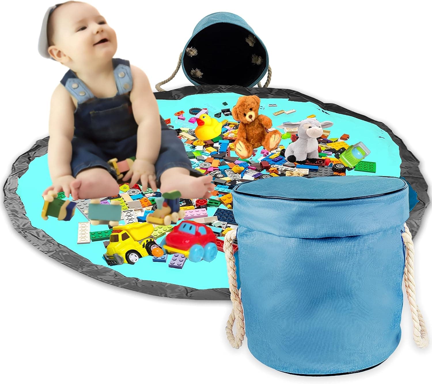 HunnyBunny Toy Storage Bin with Large Play Mat | Sustainable Fabric Toy Container | Toy Organizer Basket | Easy Clean Up Bin for Small Toys | Potable Outdoor Toy Bag | Gift for kids (Light Blue)