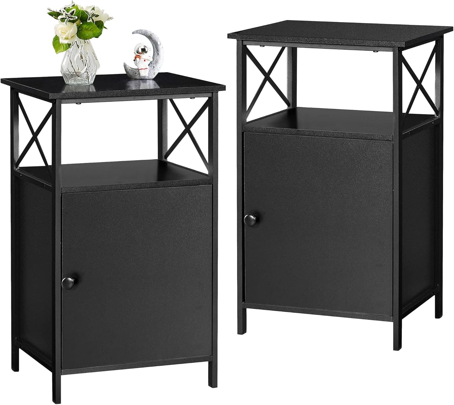 VECELO End Tables,26’’Nightstand with Storage Cabinet, Set of 2 Night Stands for Living Room, Bedroom, Black
